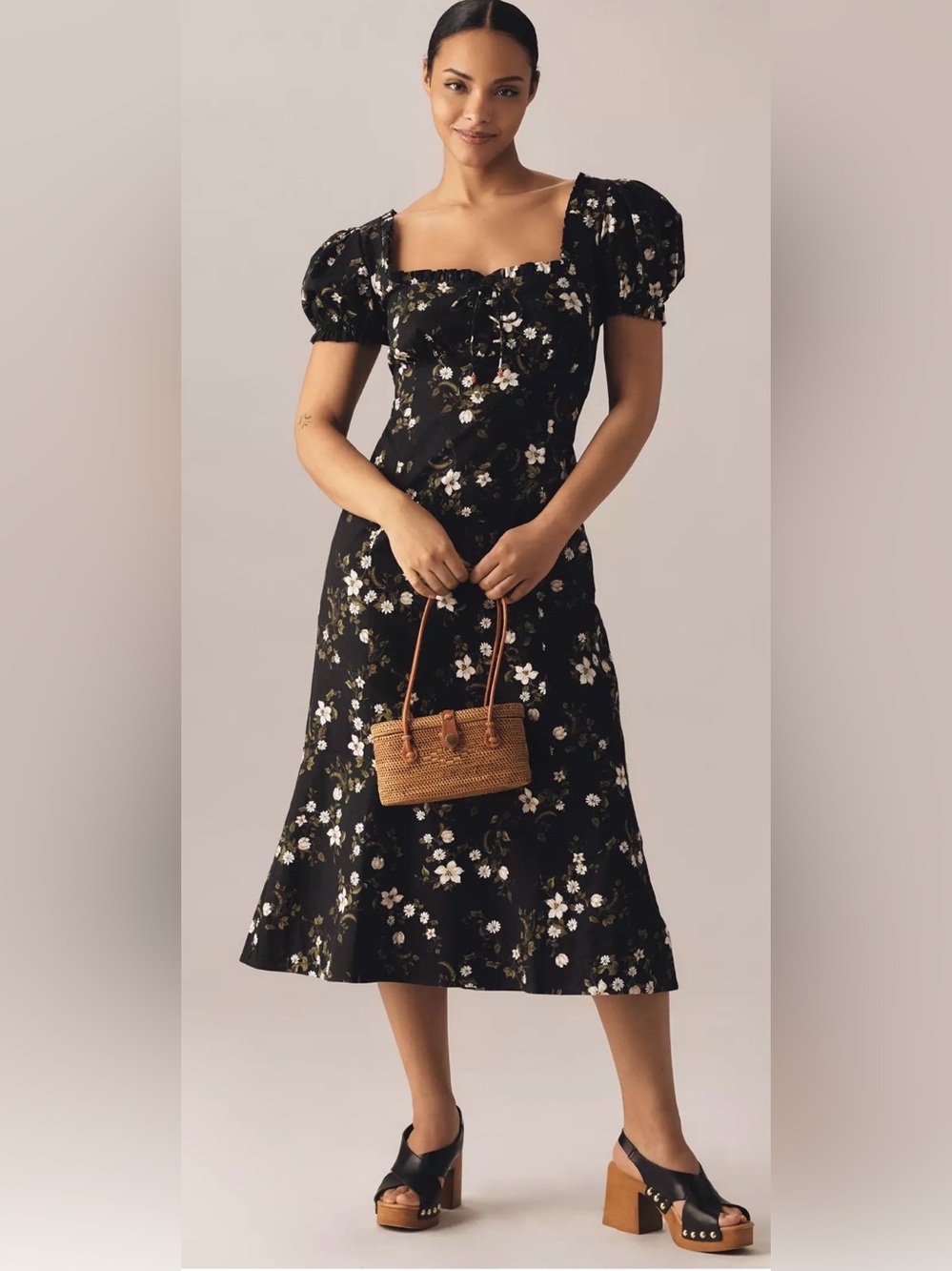 NWT Maeve Linen Blend Puff-Sleeve Sweetheart Midi Dress Size 2X